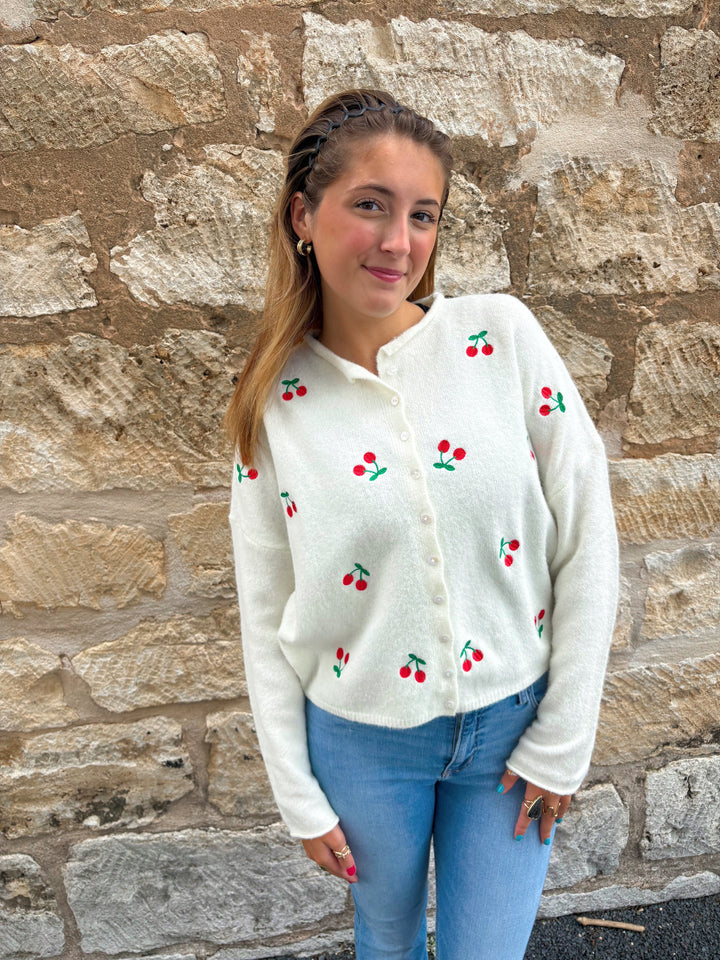 CHERRY EMB PIPER CARDIGAN