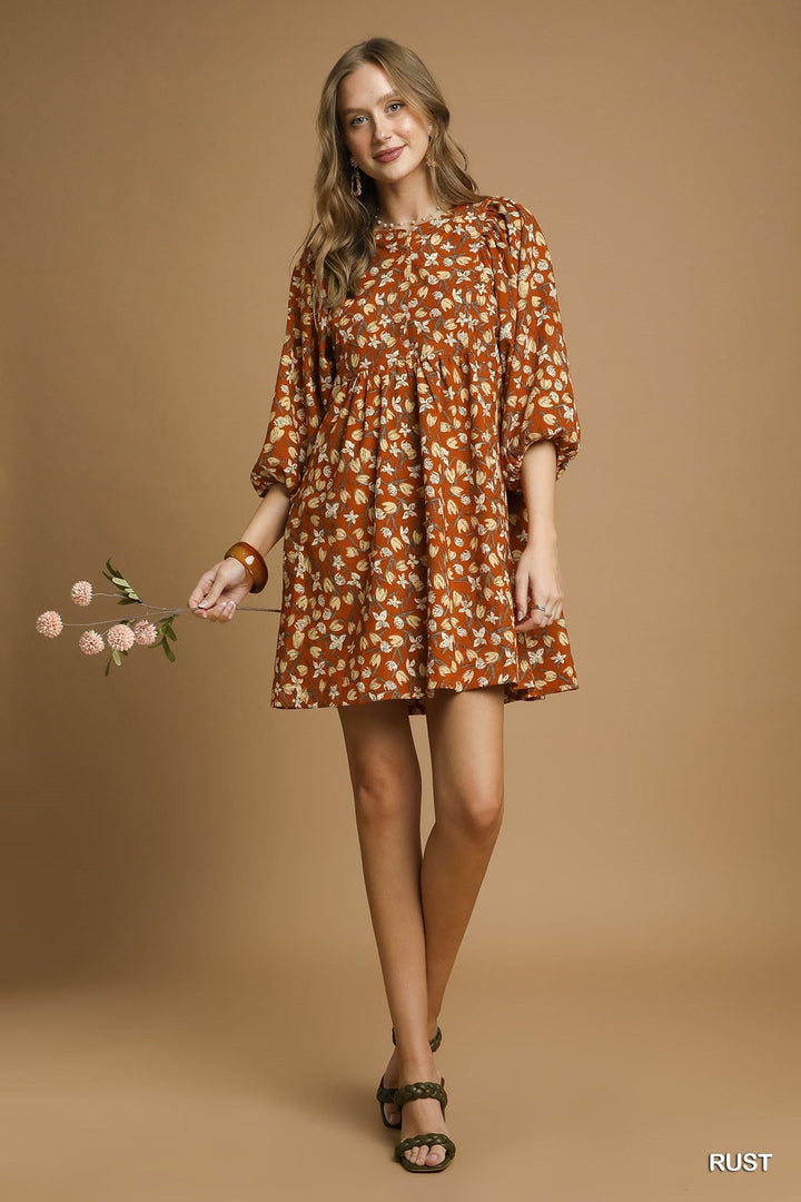 FLORAL CORDUROY PUFF SLEEVE DRESS