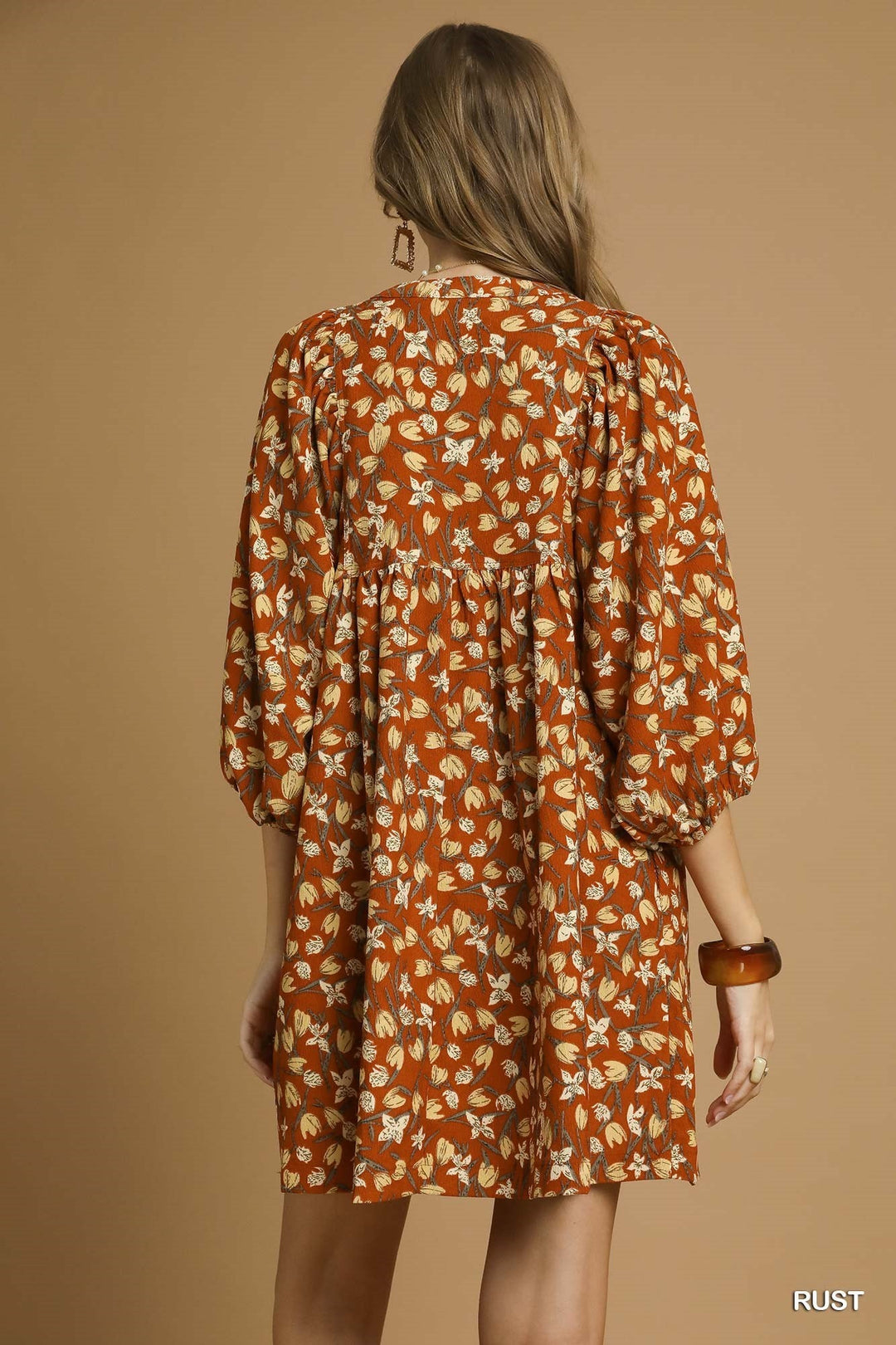 FLORAL CORDUROY PUFF SLEEVE DRESS