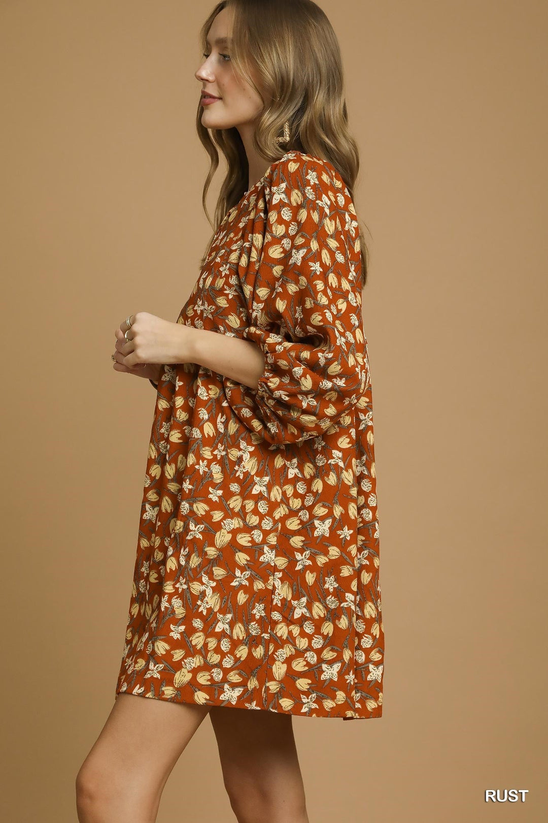 FLORAL CORDUROY PUFF SLEEVE DRESS