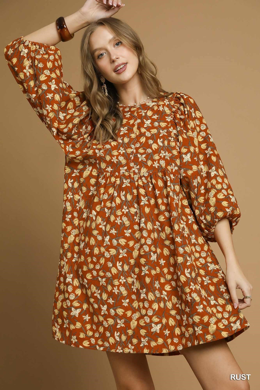 FLORAL CORDUROY PUFF SLEEVE DRESS