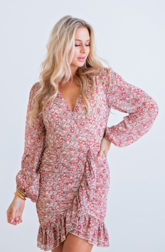 FLORAL WRAP RUFFLE DRESS