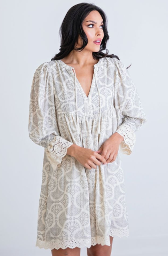 VINTAGE FAN BOHO CROCHET TRIM DRESS