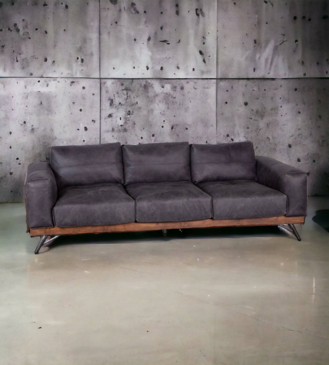 Portofino 95” Antique Ebony Leather Mid Century Sofa America Reclaimed