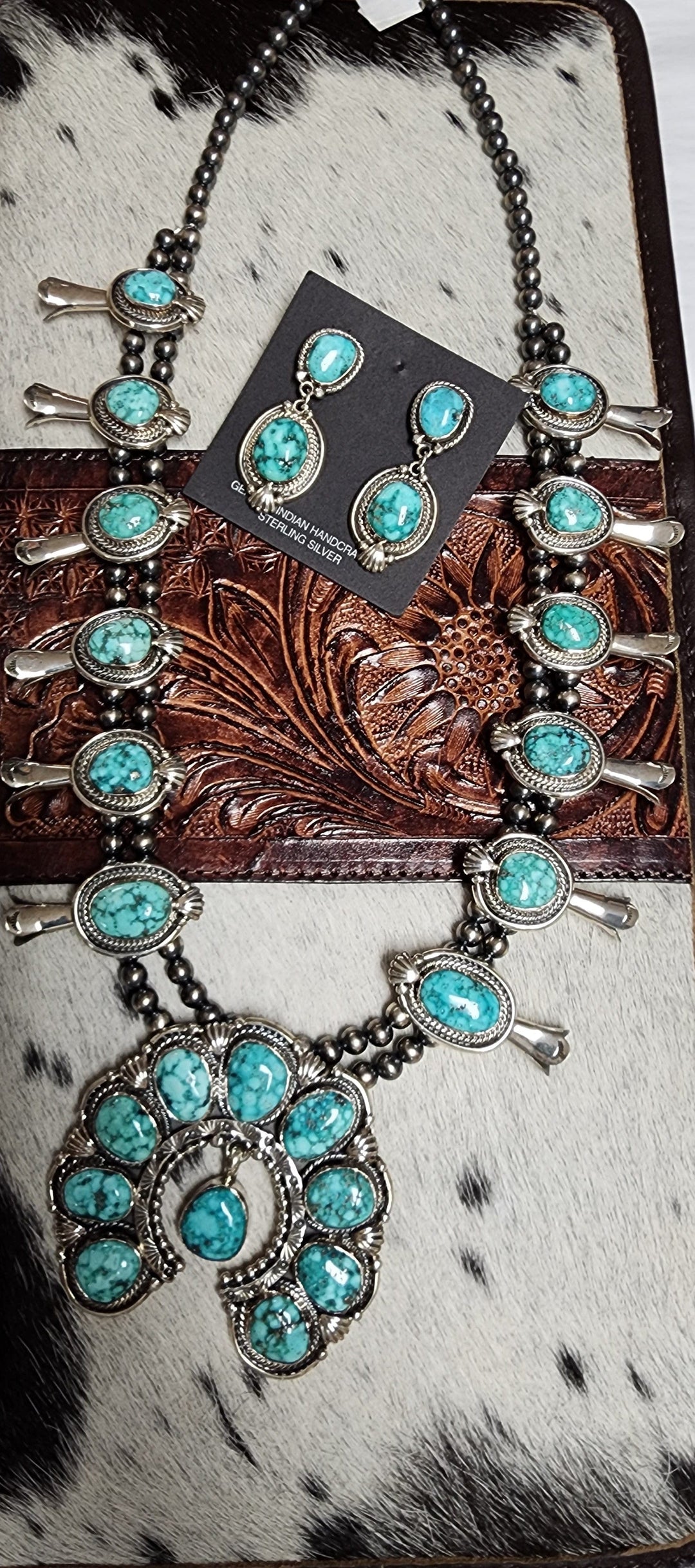 Kingman Turquoise Squash Blossom Necklace and Earrings Jypsy Sisters