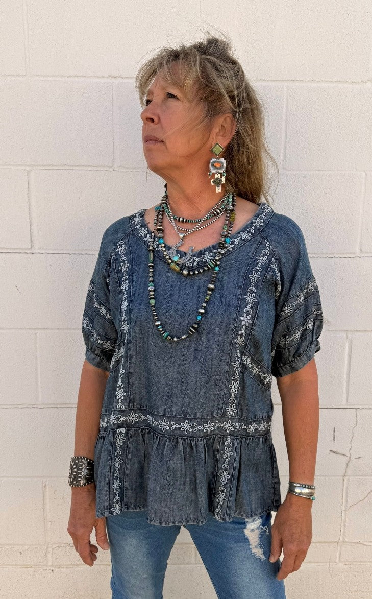Denim Embroidery Blouse