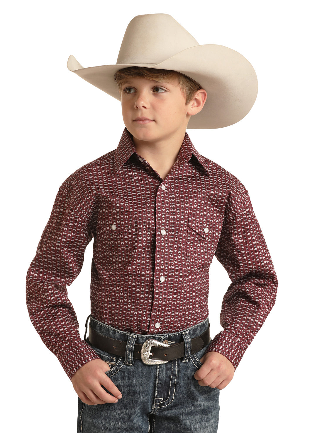 Panhandle Rough Stock Boy's Burgundy Geo Long Sleeve Snap Shirt