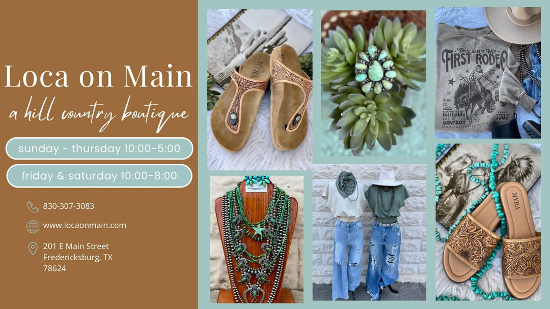 Leather MIKA sandals with tooled floral pattern, turquoise jewelry, western graphic tee, distressed jeans, and cowgirl accessories display.