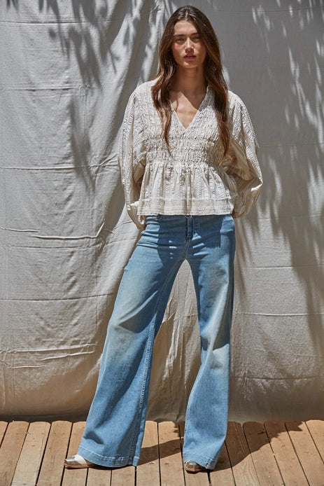 LG SLV STRIPE COLLAR TOP