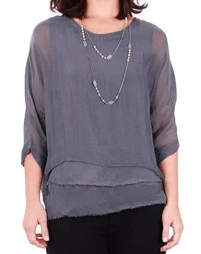 CARMELINA SILK KAFTAN ROUND NECK TOP in CHARCOAL