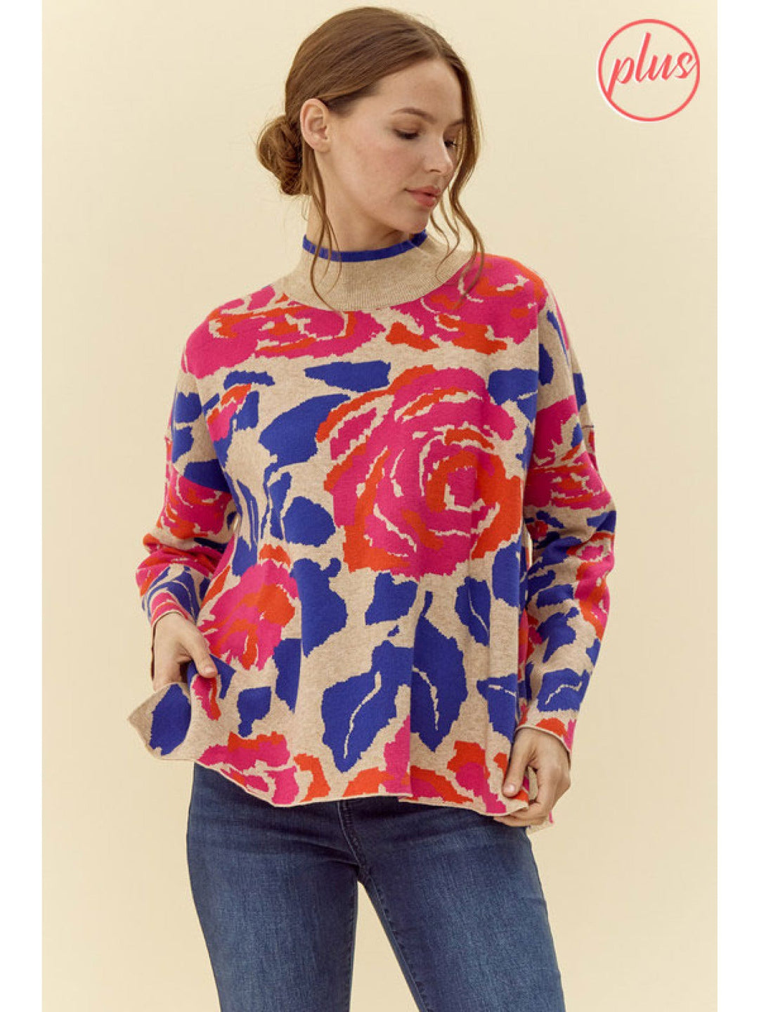 PLUS SIZE OATMEAL FLORAL SWEATER