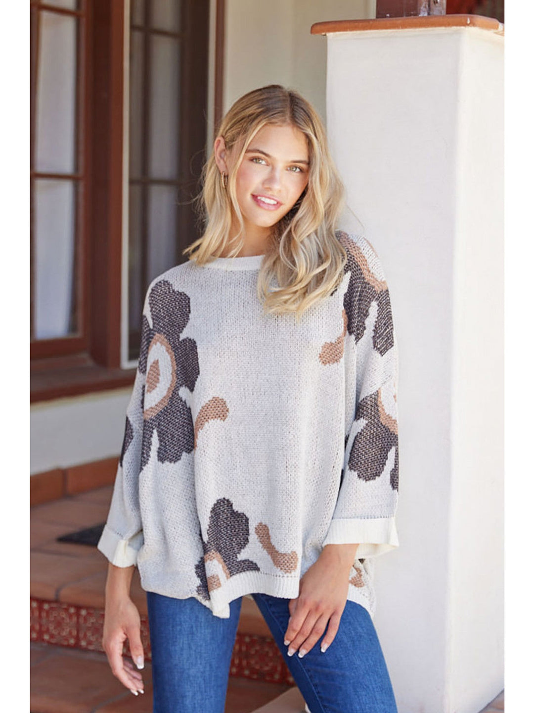 PLUS SIZE FLOWER PRINT PULLOVER SWEATER