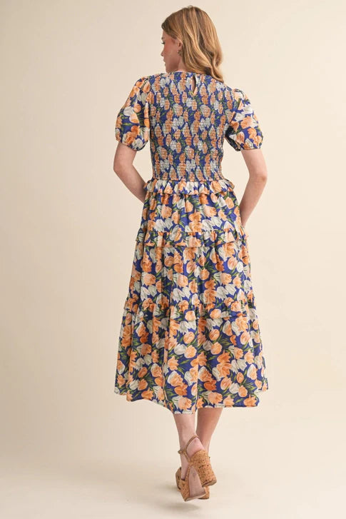 TIERED A LINE SMOCKED MID DRESS