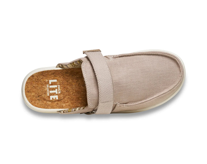 Top view of the Zertz M HAPPY HOUR LITE RESORT 1169850, a beige slip-on with water-repellent fabric upper, wide strap, rounded toe, cork-textured Lite insole, and SugarLite outsoles for comfort.