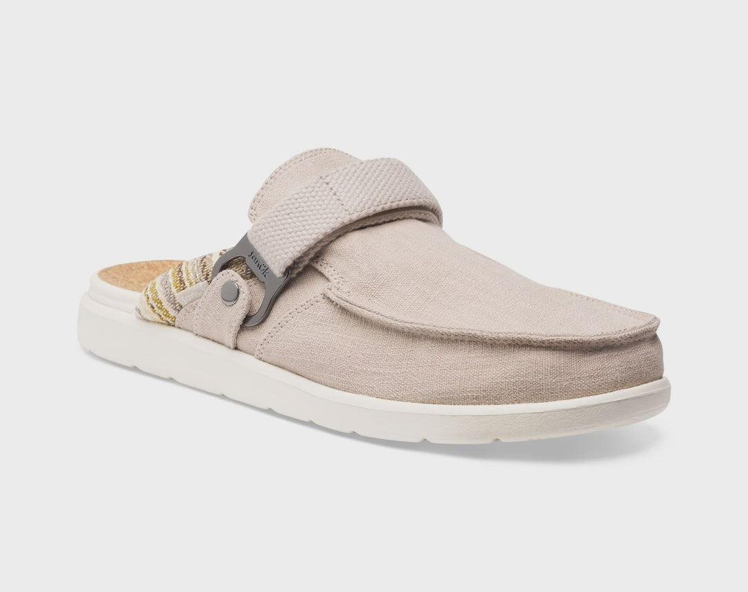 The Zertz M HAPPY HOUR LITE RESORT 1169850 is a beige, water-repellent slip-on loafer with a fabric upper, white SugarLite outsole, textured footbed, and side strap with buckle detail.
