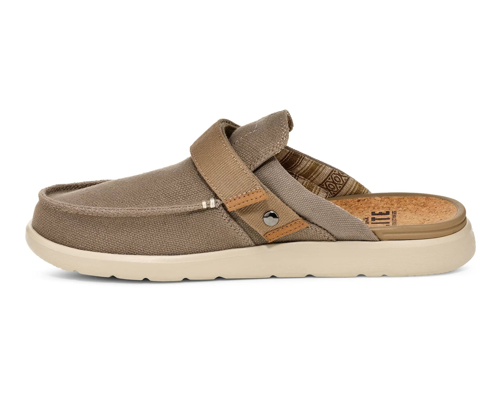 The Zertz M HAPPY HOUR LITE 1164070 is a tan water-repellent slip-on with a canvas upper, adjustable strap, orthopedic heel pads, cork insole, and white SugarLite outsoles, shown side view on a white background.