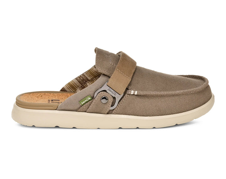 The Zertz M HAPPY HOUR LITE 1164070 is a water-repellent brown canvas slip-on mule with a beige sole, side buckle detail, cork insole, green fabric label, and comfy SugarLite outsoles for all-day wear.
