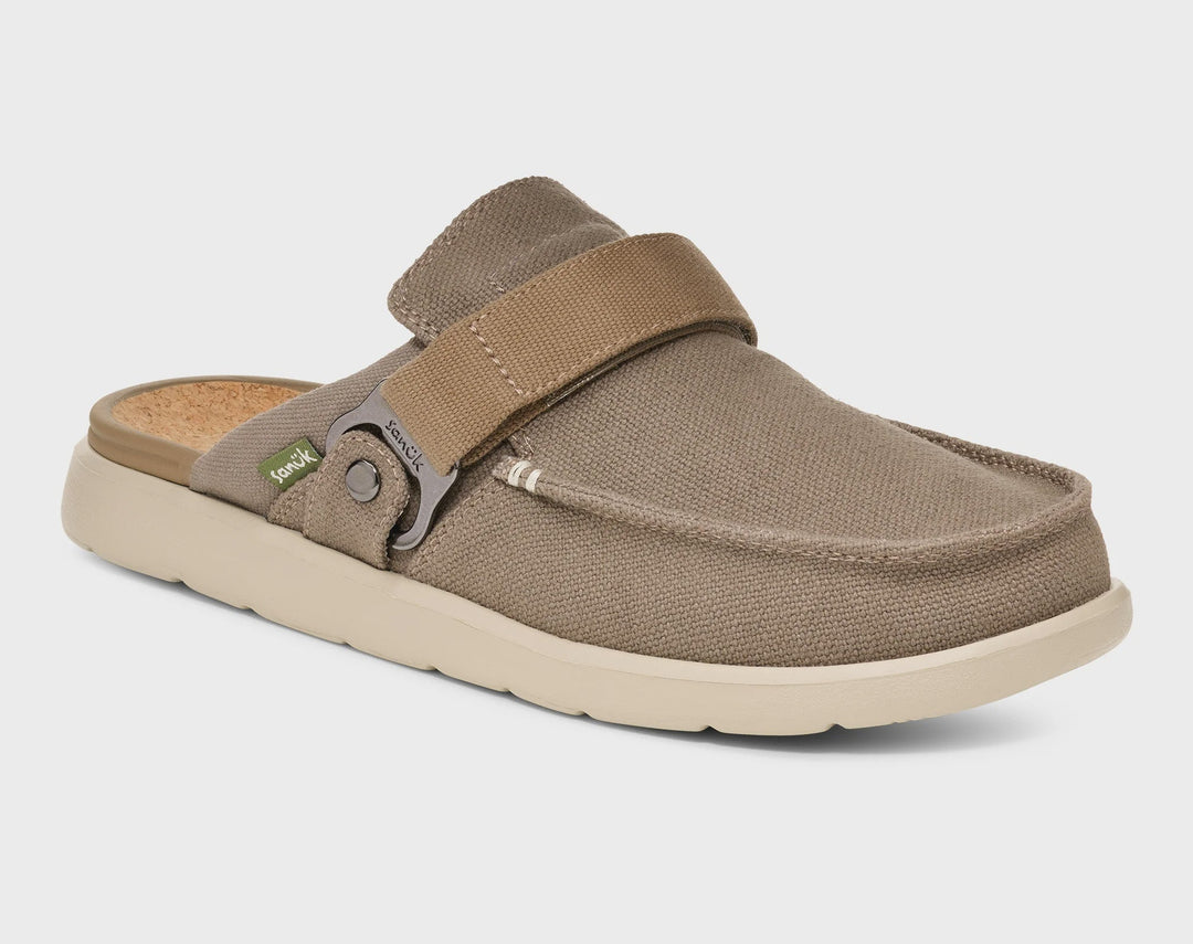 The Zertz M HAPPY HOUR LITE 1164070 is a casual brown slip-on mule featuring a canvas upper, tan strap with metal buckle, comfy SugarLite outsoles, and a cushioned light-colored sole—ideal for relaxed, easygoing days.