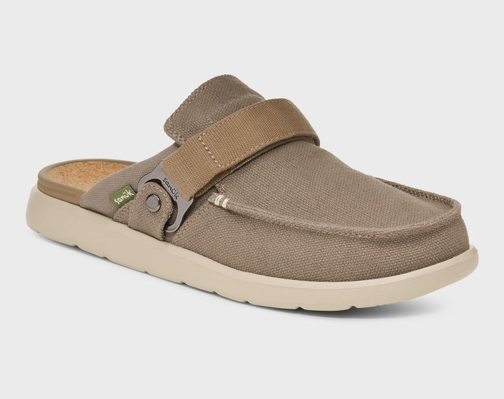 The Zertz M HAPPY HOUR LITE 1164070 is a casual brown slip-on mule featuring a canvas upper, tan strap with metal buckle, comfy SugarLite outsoles, and a cushioned light-colored sole—ideal for relaxed, easygoing days.
