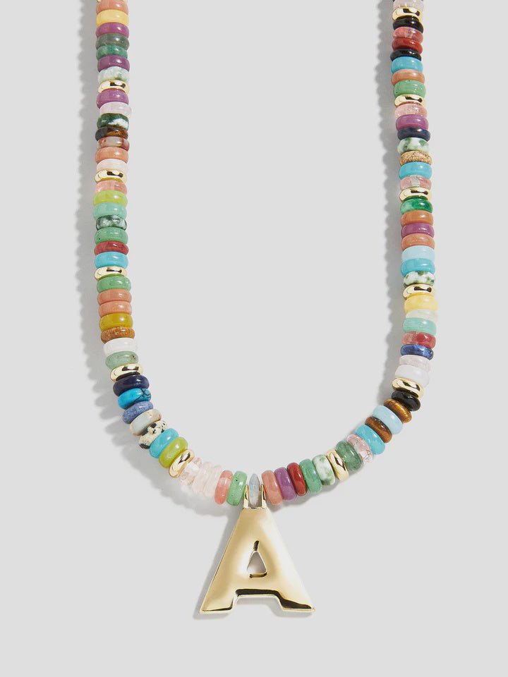 SEMI-PRECIOUS BLOCK INITIAL NECKLACE - MULTI/GOLD