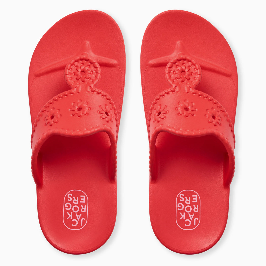 A pair of Zertz JACKS EVA ergonomic sandals in rouge with floral-patterned straps, shown from above; the brand name appears on the footbeds.