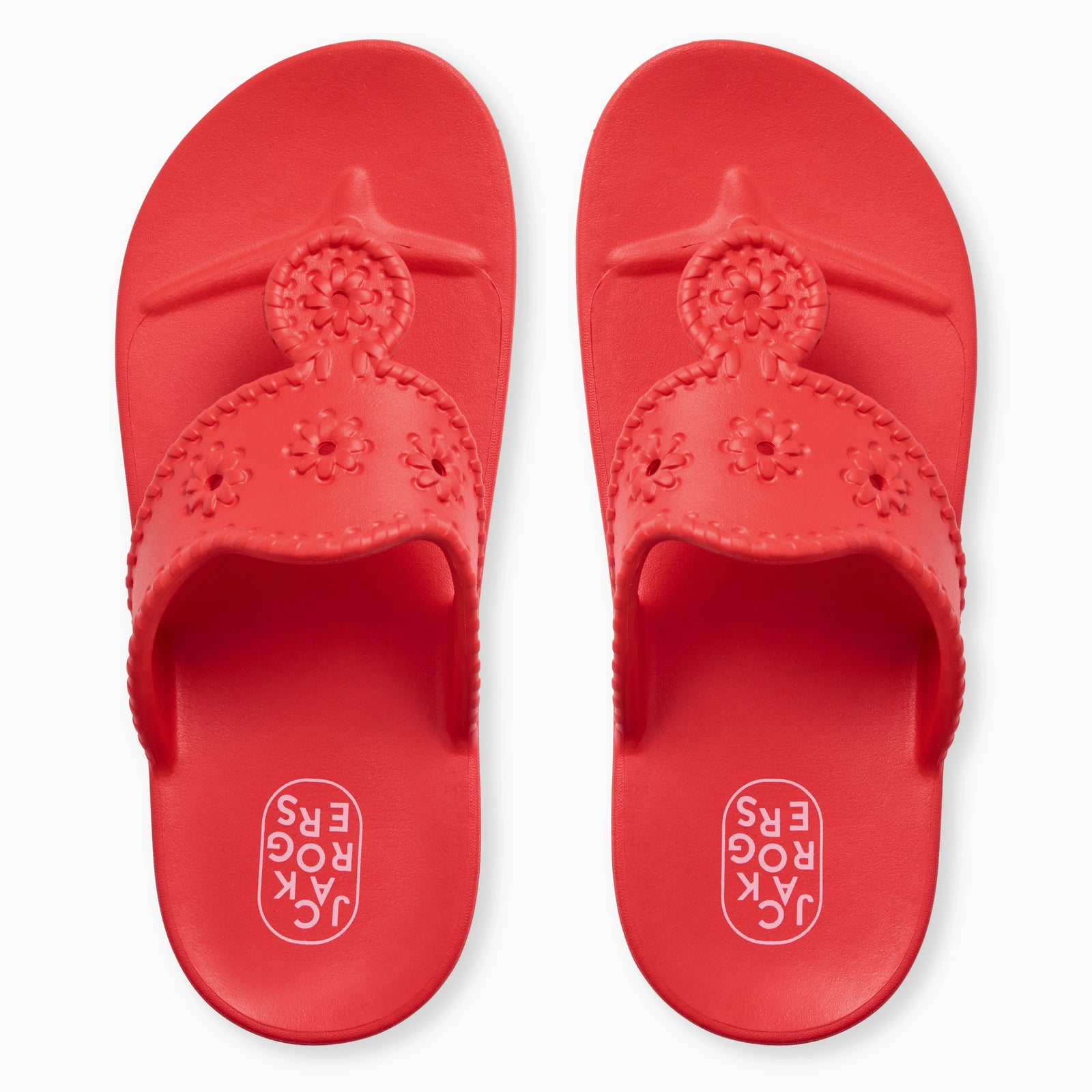 A pair of Zertz JACKS EVA ergonomic sandals in rouge with floral-patterned straps, shown from above; the brand name appears on the footbeds.