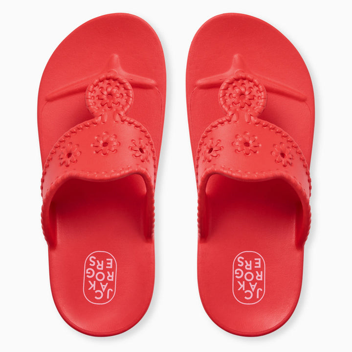 A pair of Zertz JACKS EVA ergonomic sandals in rouge with floral-patterned straps, shown from above; the brand name appears on the footbeds.