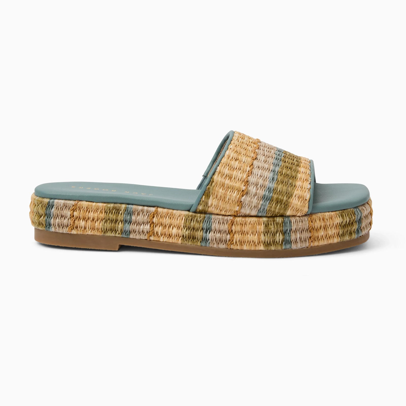 The Zertz BAY FLATFORM-RAFFIA shoes feature a woven raffia upper and sole with green, blue, and beige stripes, a teal footbed, and a flat brown rubber outsole—designer flatforms perfect for your next beach getaway.