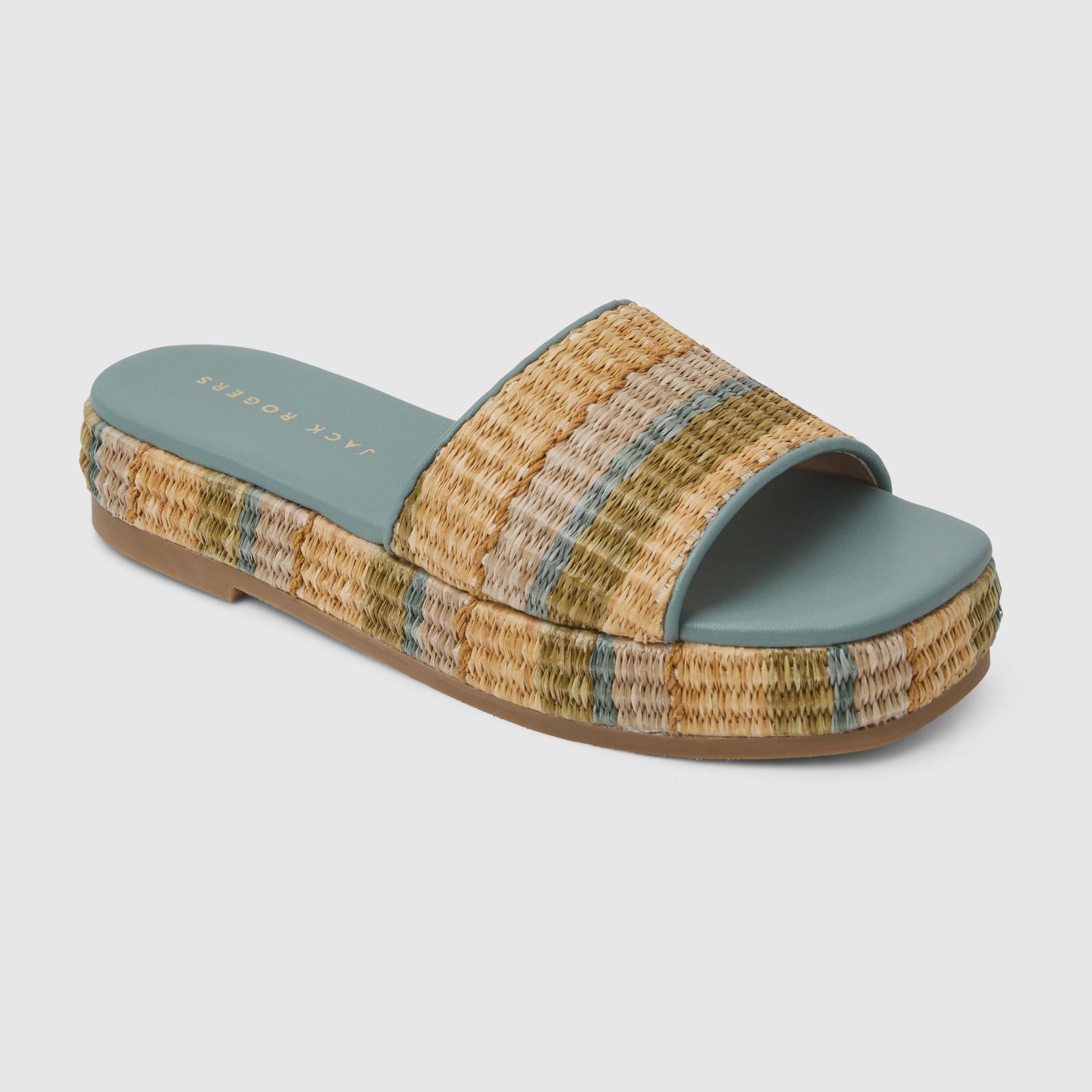The Zertz BAY FLATFORM-RAFFIA shoes feature a blue footbed and a woven raffia upper with tan, green, and blue stripes—ideal for your next beach vacation.