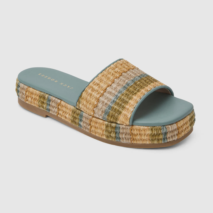 The Zertz BAY FLATFORM-RAFFIA shoes feature a blue footbed and a woven raffia upper with tan, green, and blue stripes—ideal for your next beach vacation.
