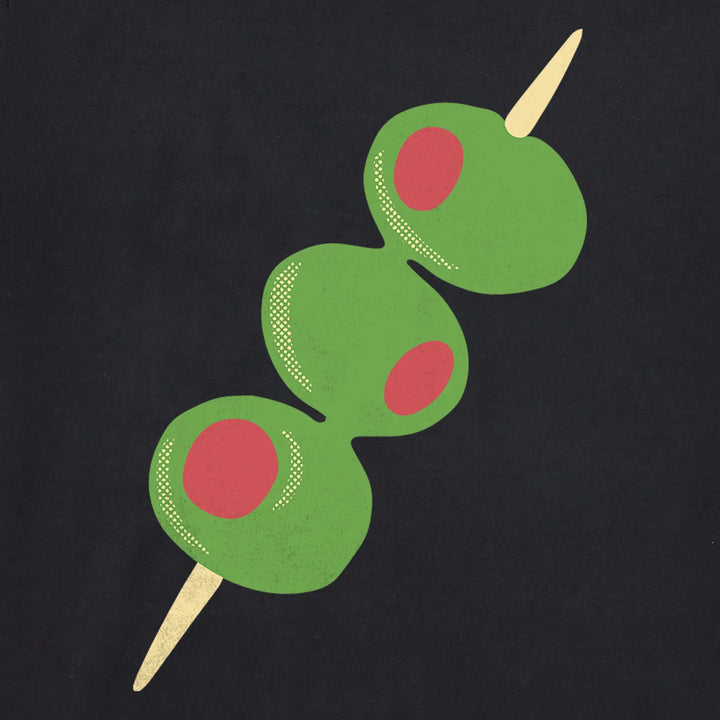 The Zertz W CRUSHER-LITE OLIVE STACK MINI features three green olives with red pimentos on a skewer against a black background—a stylish pick to pair with cropped tees or ribbed neckline styles.
