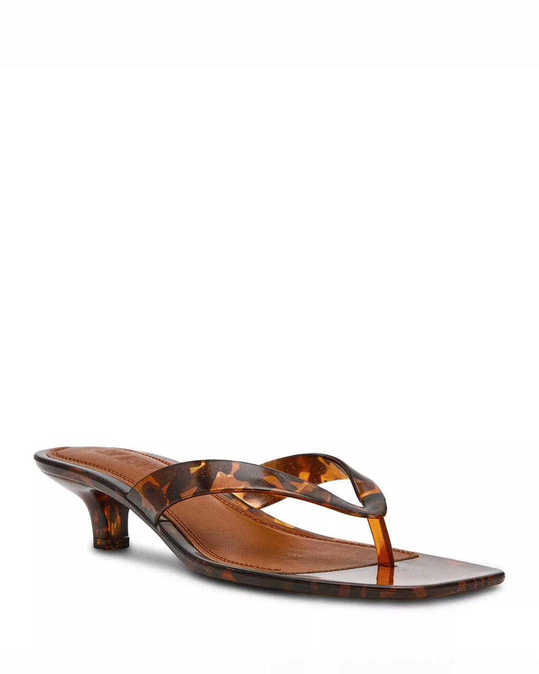 The TRACIE SANDAL by Zertz showcases a brown tortoiseshell pattern, open toe, thong strap, and low kitten heel for stylish comfort—all set against a crisp white backdrop.