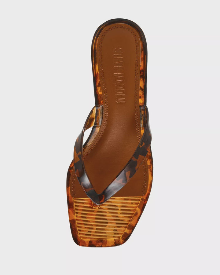The Zertz TRACIE SANDAL features a comfortable brown sole, tortoiseshell-patterned straps, and a stylish square toe, shown from above on a white background.