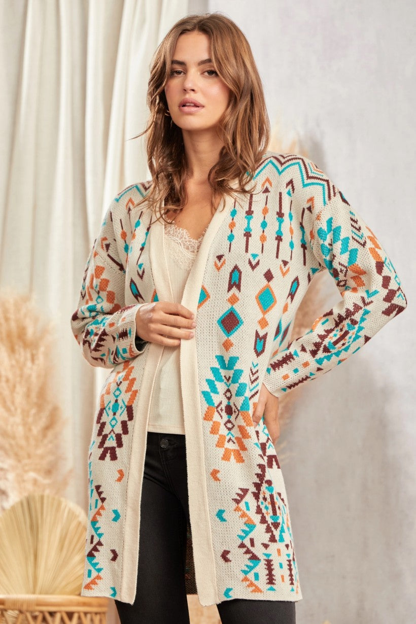 OPEN FRONT AZTEC PRINT CARDIGAN