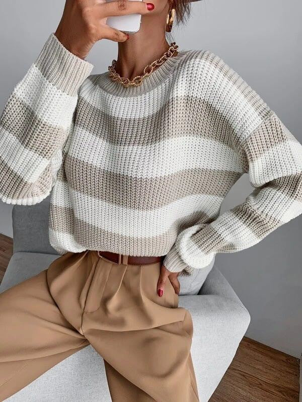 LADIES STRIPE KNIT SWEATER in WHITE/TAUPE