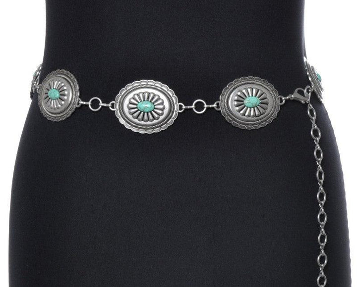 LADIES TURQUOISE STONE OVAL CONCHO CHAIN BELT