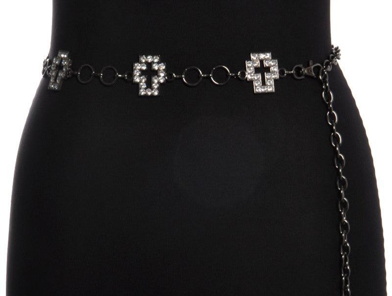 LADIES RHINESTONE CROSS GUNMETAL CHAIN BELT