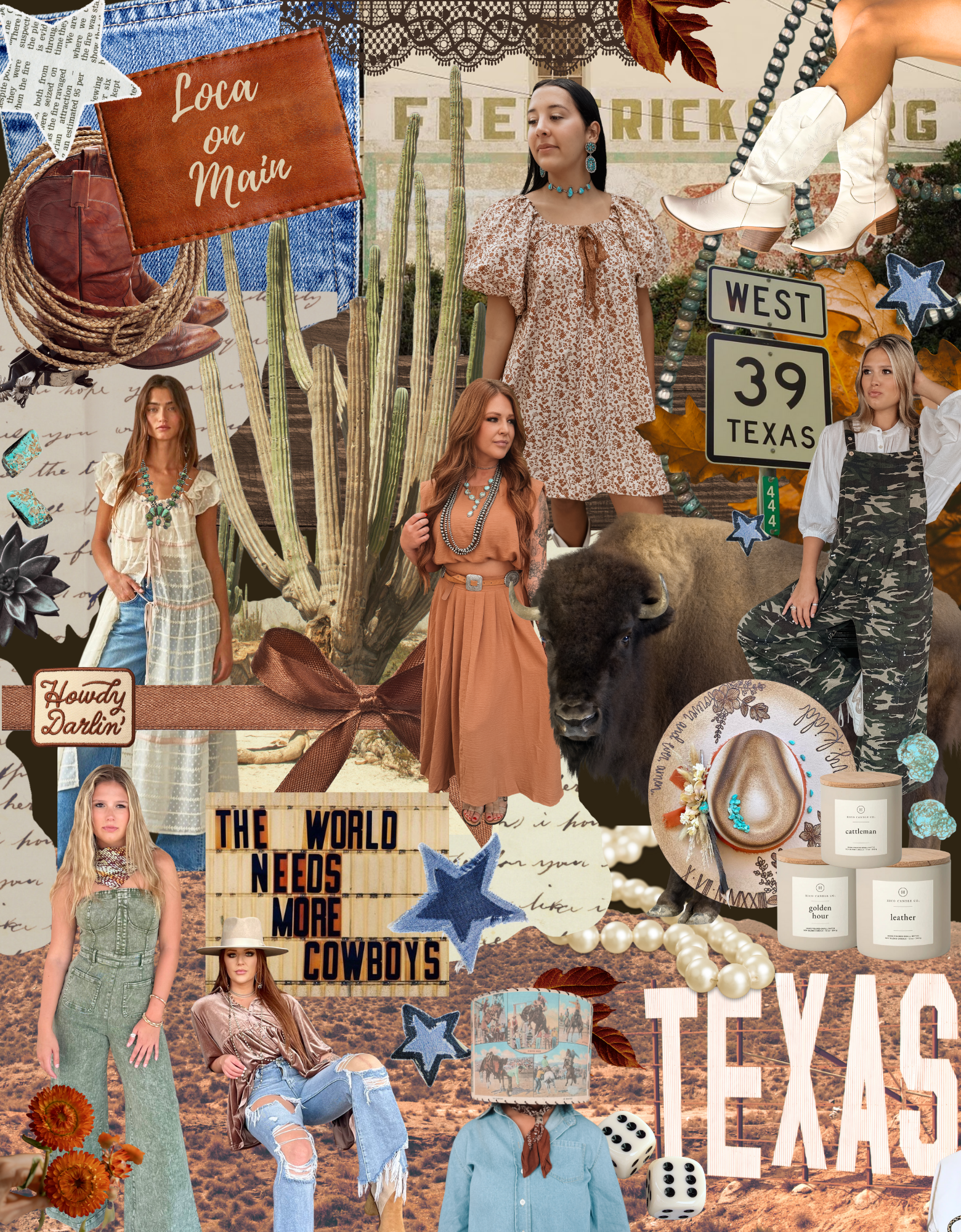 The Loca On Main Giftcard from Loca on Main features a collage of western women, cacti, buffalo, cowboy boots, turquoise jewelry, Texas signs, denim textures, a horse, and "Texas"—the perfect simple gift for any cowboy at heart.