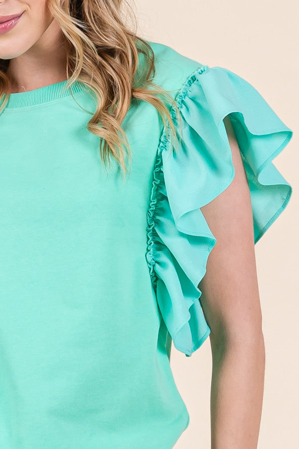 A woman with wavy blond hair wears the Rufflina Top by Loca on Main, featuring light turquoise shoulder ruffles. Only her upper body is visible against a neutral background, highlighting her stylish blouse.