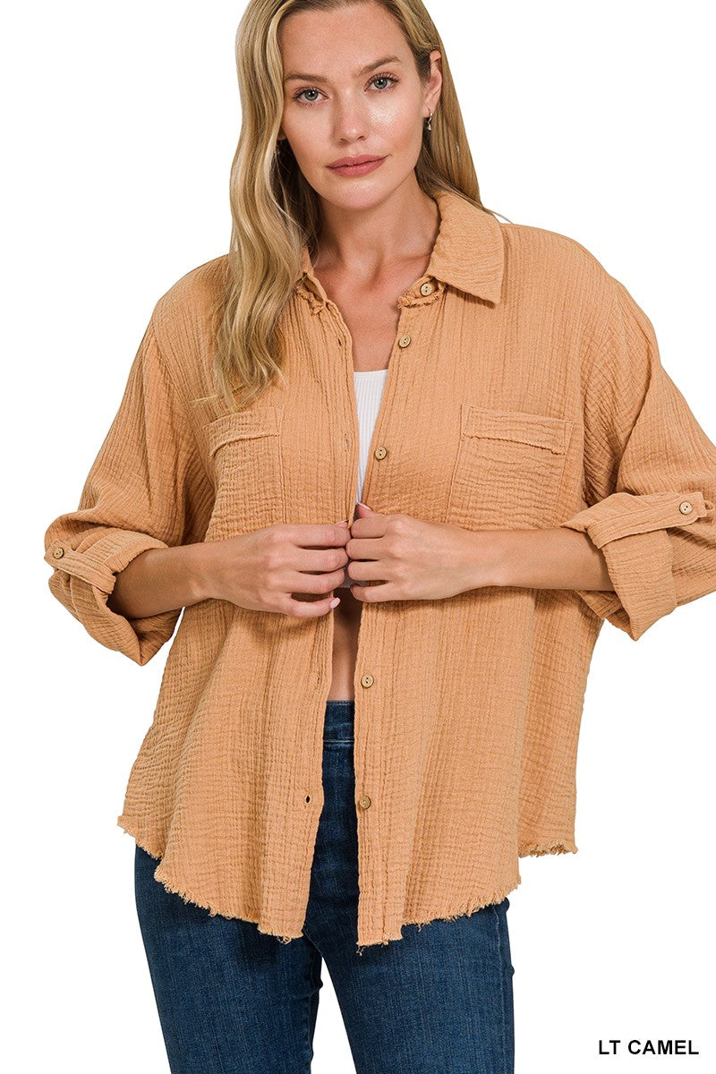 DOUBLE GAUZE BUTTON DOWN ROLL-UP LONG SLEEVE SHIRT in LT CAMEL