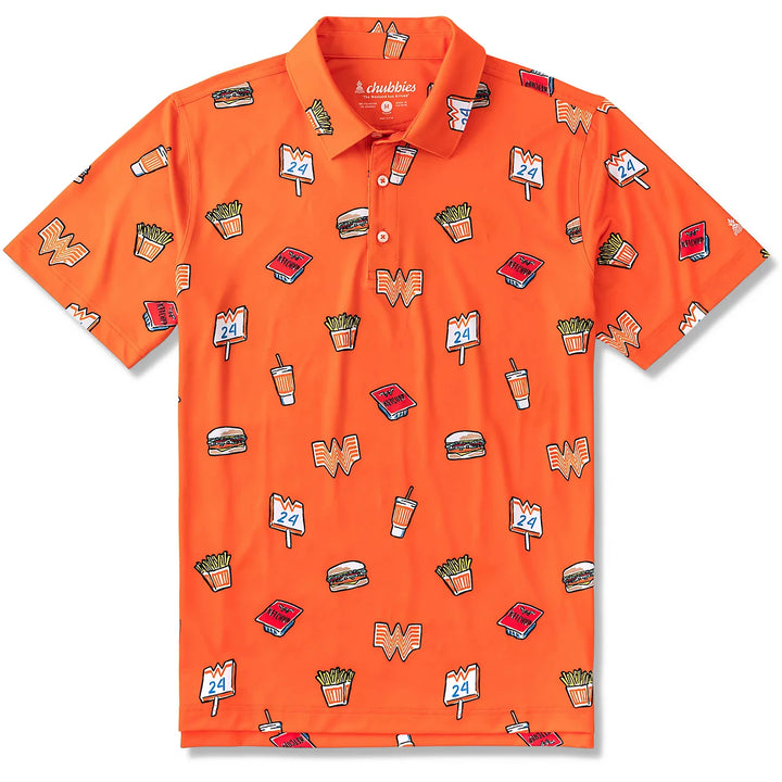 The Zertz THE WATABURGER PERFORMANCE POLO in size M is a bright orange buttoned-collar shirt with an all-over fast food print—burgers, fries, drinks, condiment packets, and numbered table tents.