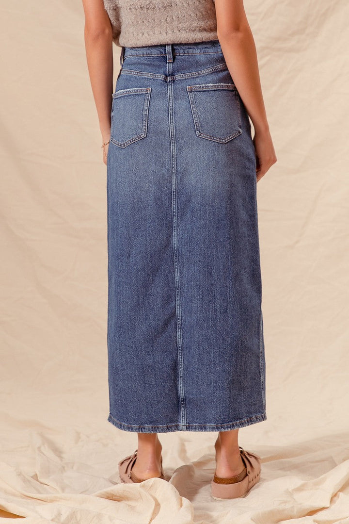 STRAIGHT DENIM LONG SKIRT WITH FRONT SLIT