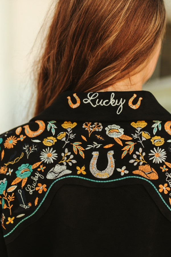 LADIES BLACK SUEDE "LUCKY" EMBROIDERED BLAZER