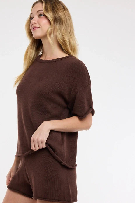 RAW EDGE SWEATER TOP SHORT SET