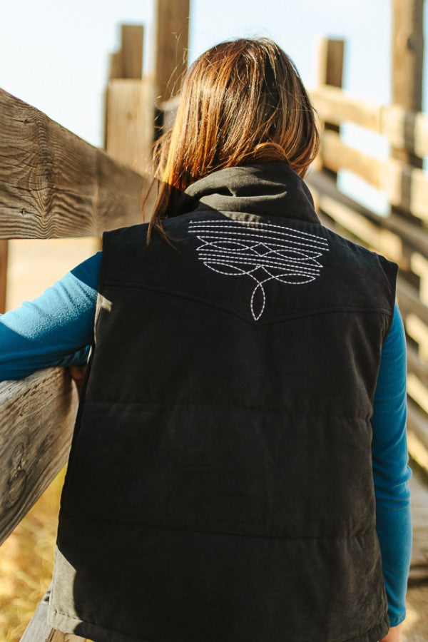 LADIES BLACK PUFFER VEST WITH BOOT STITCHING AND AZTEC LINING