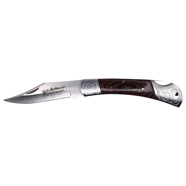 JUSTIN FOLDING KNIFE WOOD HANDLE W/ ETCHING