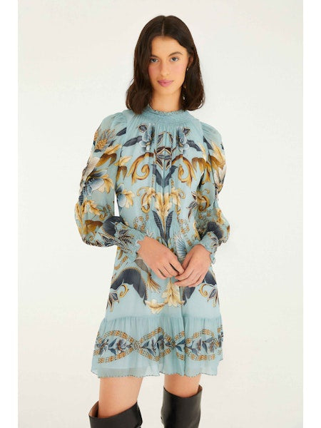 SNAKE GARDEN BLUE LONG SLEEVE MINI DRESS