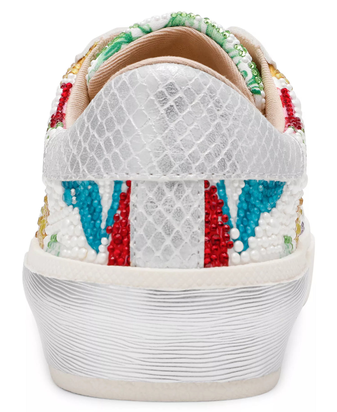 A close-up rear view of Zertz DAMON SNEAKER SB-DAMNON shows lace-up sneakers with a textured snakeskin pattern, colorful blue, red, yellow, and green beaded designs on the heel and sides, and a white ribbed sole.