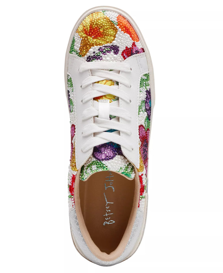 The Zertz DAMON SNEAKER SB-DAMNON is a white lace-up with colorful beaded floral embroidery on the sides and toe, white laces, a tan interior, and the Zertz logo.