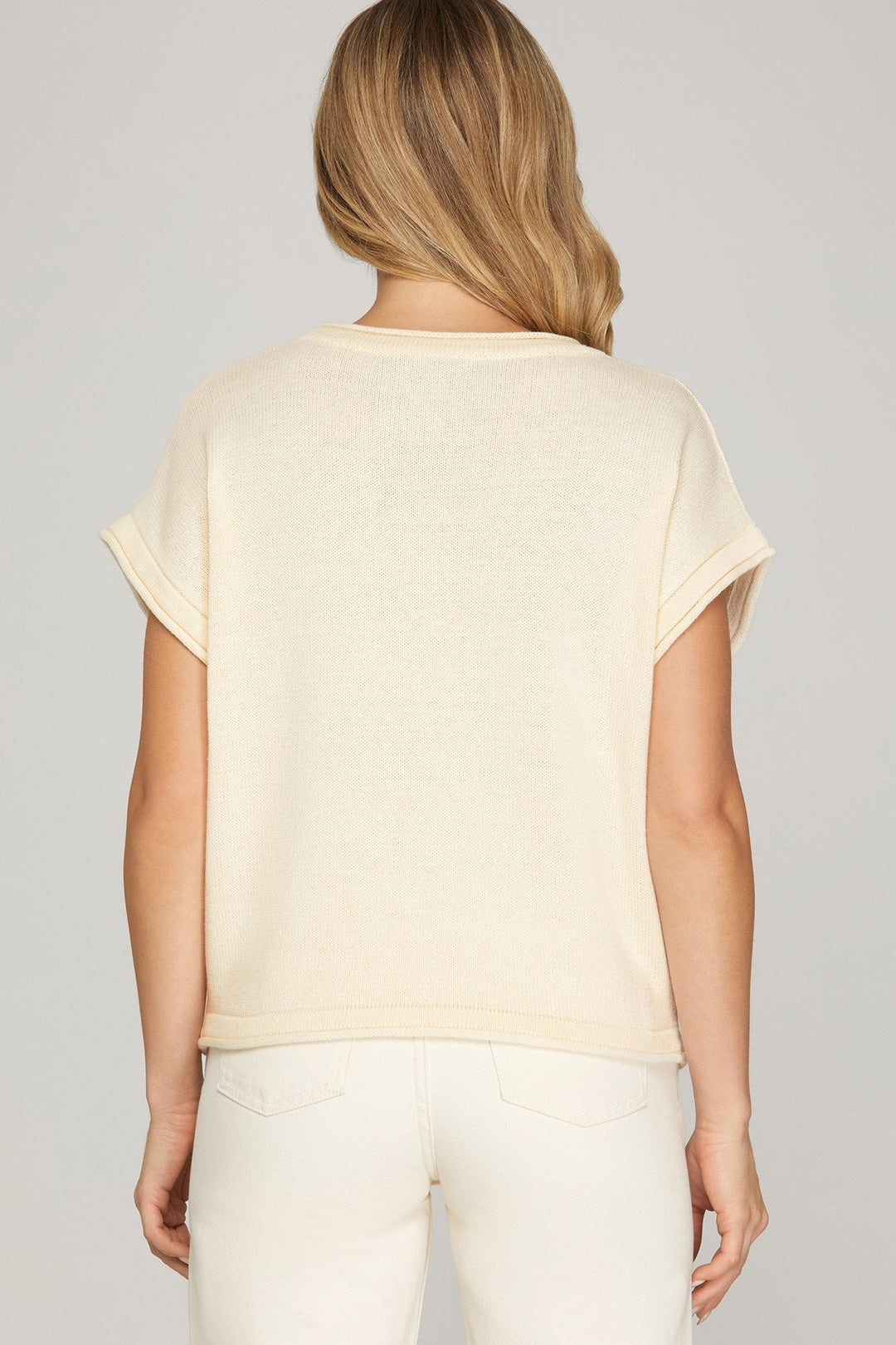 DROP SHORT SLV LEMON KNIT SWEATER